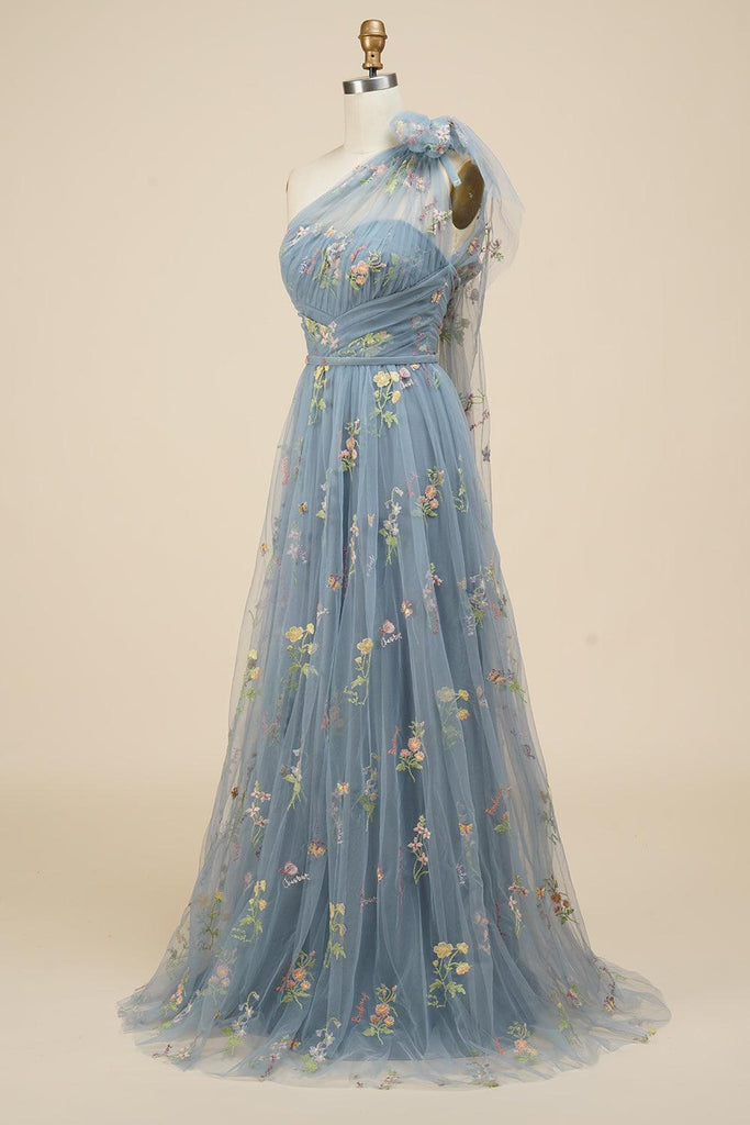 Blue-Grey Floral Embroidery One-Shoulder A-Line Prom Dress PSK320 - Pgmdress
