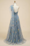 Blue-Grey Floral Embroidery One-Shoulder A-Line Prom Dress PSK320 - Pgmdress