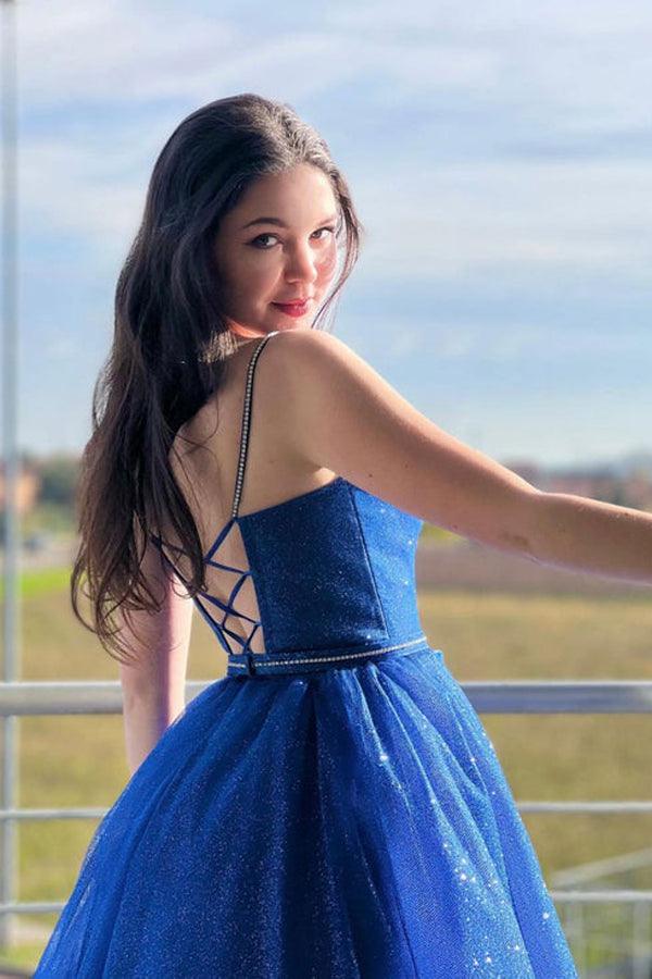 Blue A-Line Tulle Long Prom Dress Sparkly Formal Evening Dresses PSK394 - Pgmdress