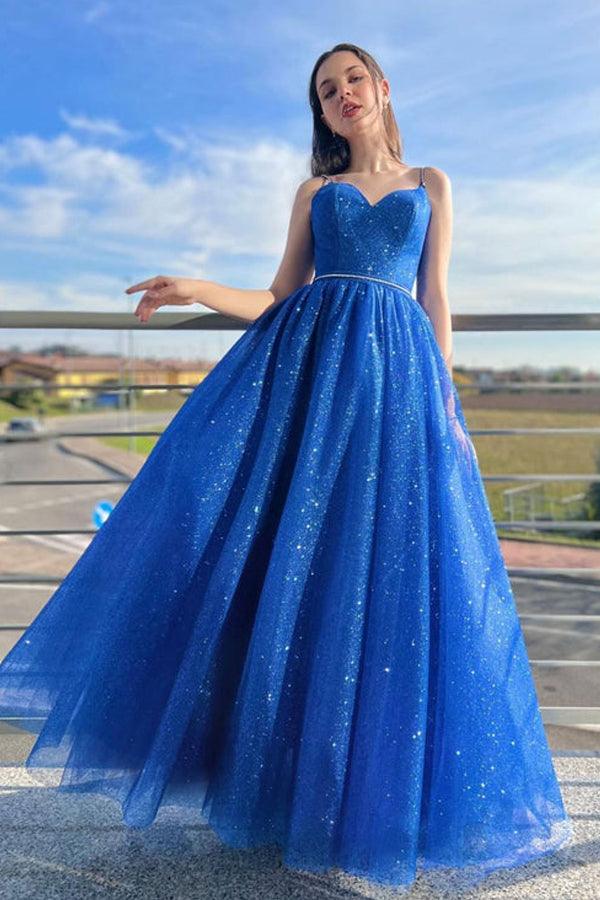 Blue A-Line Tulle Long Prom Dress Sparkly Formal Evening Dresses PSK394 - Pgmdress