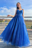 Blaues A-Linien-Tüll-langes Ballkleid, glitzernde formelle Abendkleider PSK394