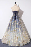 Blue Floral Print Tulle Strapless Long A Line Prom/Formal Dress PSK201 - Pgmdress