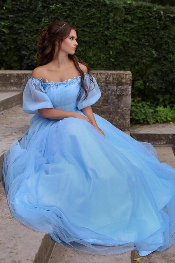 Blue Princess Off-Shoulder Floral Tulle A-Line Long Prom Dress PSK269 - Pgmdress