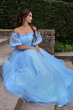 Blue Princess Off-Shoulder Floral Tulle A-Line Long Prom Dress PSK269
