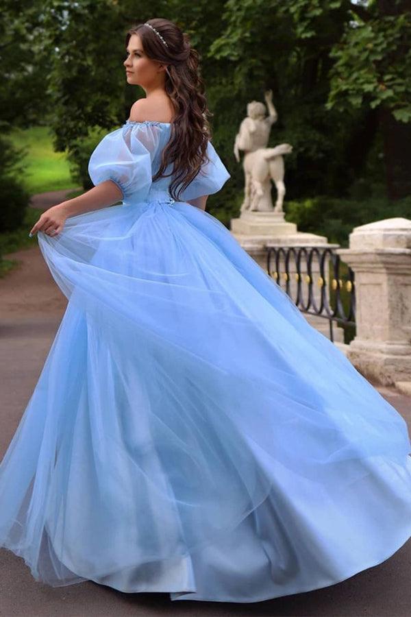 Blue Princess Off-Shoulder Floral Tulle A-Line Long Prom Dress PSK269 - Pgmdress