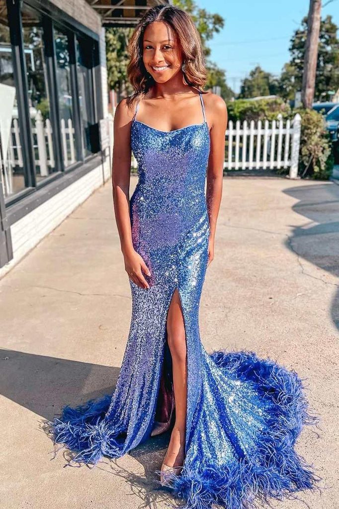 Blue Sequin Feather Back Mermaid Sparkly Long Prom Dress with Slit –  Pgmdress