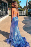 Blue Sequin Feather Back Mermaid Sparkly Long Prom Dress with Slit PSK419 - Pgmdress