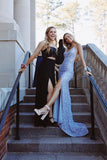 Blue Sequined V Neck Sleeveless Shiny Prom Dress Split Formal Dress PSK340