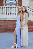 Blue Sequined V Neck Sleeveless Shiny Prom Dress Split Formal Dress PSK340 - Pgmdress