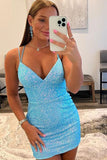 Blue Spaghetti Straps Stripe Sequin Tight Short Homecoming Dress PD469 - Pgmdress