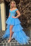 Robe de bal bleue en tulle et dentelle à épaules dénudées et à plusieurs niveaux PSK397