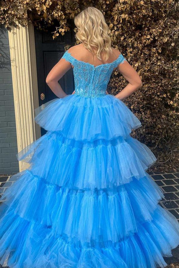 Blue Tulle Lace Off-the-Shoulder High-Low Tiered Prom Dress PSK397 - Pgmdress