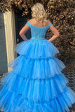 Blue Tulle Lace Off-the-Shoulder High-Low Tiered Prom Dress PSK397 - Pgmdress