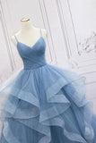 Blue Tulle Sequin Long Prom Dress Blue Tulle Formal Dress PSK317 - Pgmdress