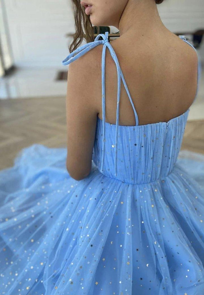 Blue Tulle Sequins Tea Length Prom Dress Party Dress Homecoming Dress PD430 - Pgmdress