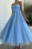 Blue Tulle Sequins Tea Length Prom Dress Party Dress Homecoming Dress PD430