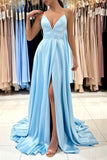 Blue V-Neck Satin Long Prom Dress Simple A-Line Evening Dress PSK396