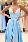 Blue V-Neck Satin Long Prom Dress Simple A-Line Evening Dress PSK396 - Pgmdress