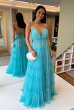 Blue V Neck Tulle Long Prom Dress Blue Tulle Formal Dress PSK337