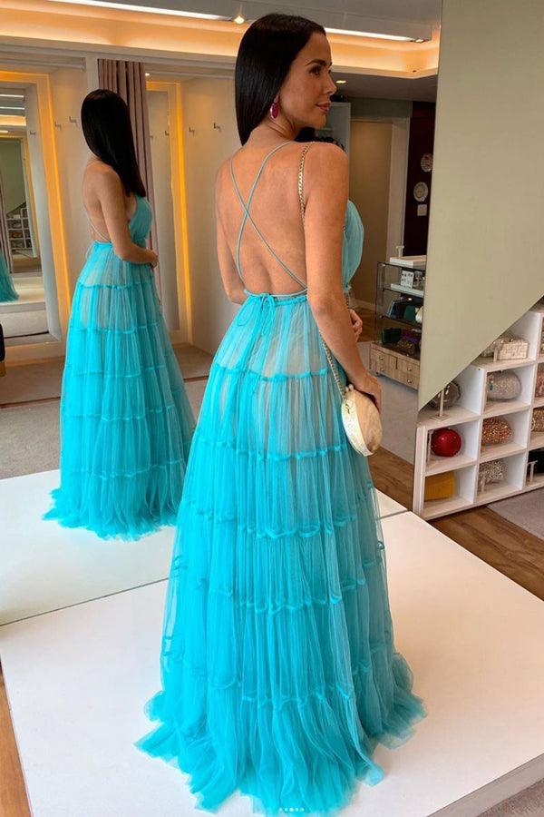 Blue V Neck Tulle Long Prom Dress Blue Tulle Formal Dress PSK337 - Pgmdress