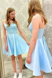 Blue Satin Beads Short Prom Dress Blue Homecoming Dress PD450