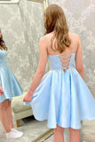 Blue Satin Beads Short Prom Dress Blue Homecoming Dress PD450 - Pgmdress