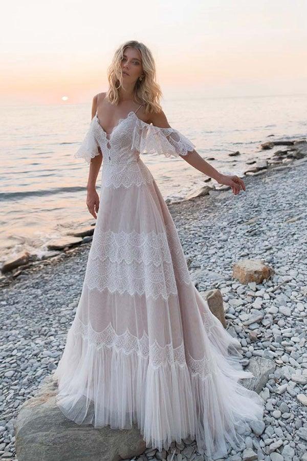 Bohemia Straps Off Shoulder Charming Lace Beach Wedding Dresses WD557 - Pgmdress