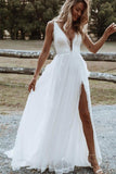 Bohemian A Line V Neck Lace Split Wedding Dresses with Appliques WD560 - Pgmdress