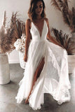 Bohemian A Line V Neck Lace Split Wedding Dresses with Appliques WD560 - Pgmdress