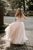 A-line Boho Champagne Off The Shoulder Wedding Dress Bridal Gown WD583 - Pgmdress