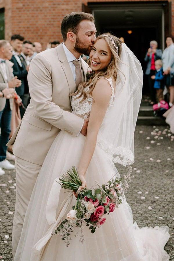 A-line Boho Champagne Off The Shoulder Wedding Dress Bridal Gown WD583 - Pgmdress