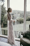 Boho High Neckline Long Sleeves Lace Wedding Dresses Rustic Wedding WD594