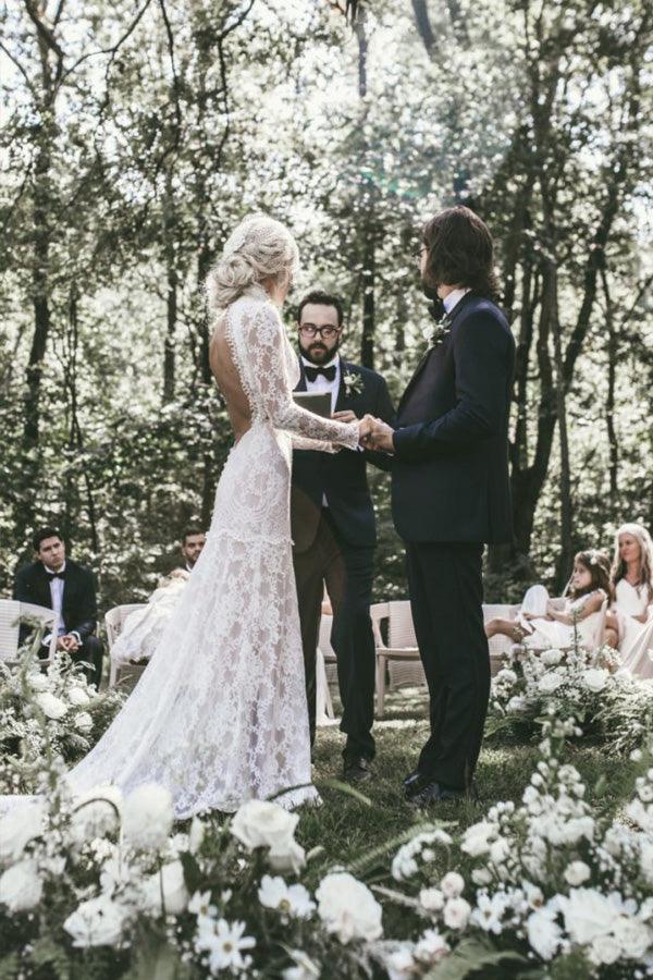 Boho High Neckline Long Sleeves Lace Wedding Dresses Rustic Wedding WD594 - Pgmdress