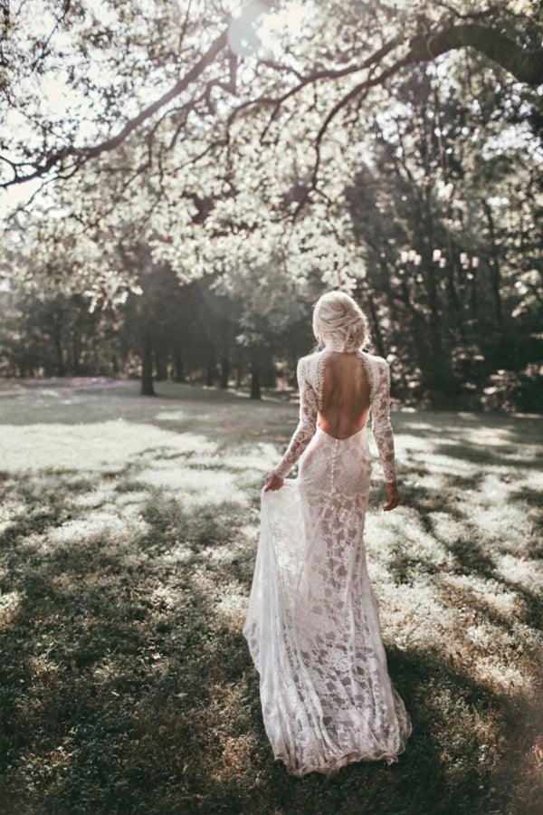 Boho High Neckline Long Sleeves Lace Wedding Dresses Rustic Wedding WD594 - Pgmdress
