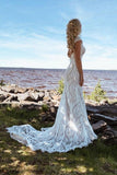 Boho Lace Sheath Sweep Train Sheath Beach Wedding Dresses WD592 - Pgmdress