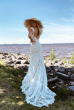 Boho Lace Sheath Sweep Train Sheath Beach Wedding Dresses WD592 - Pgmdress