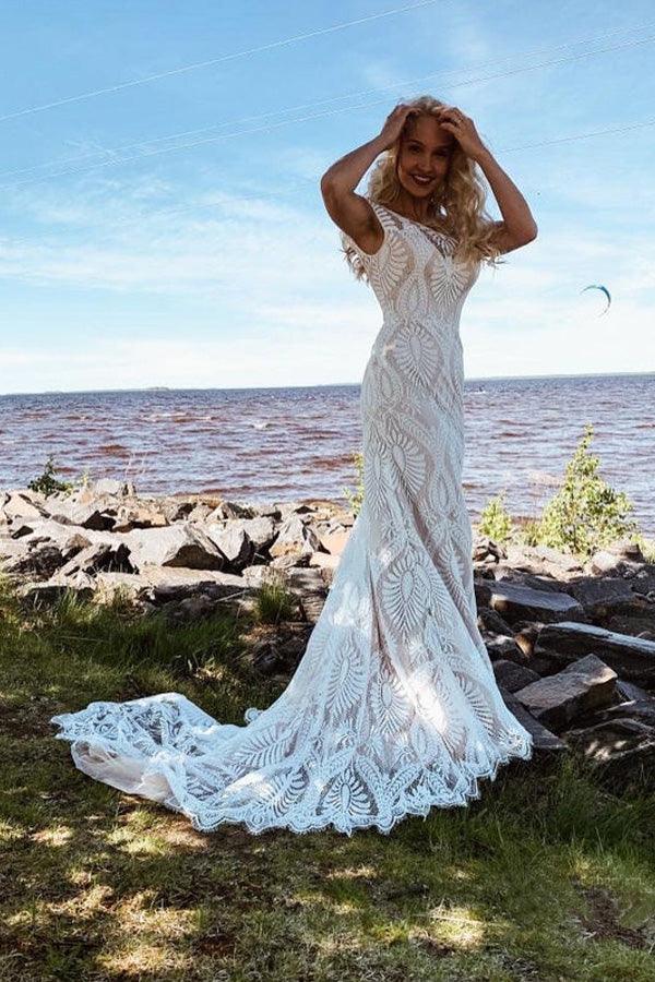 Boho Lace Sheath Sweep Train Sheath Beach Wedding Dresses Boho Lace Sheath Sweep Train Sheath Beach Wedding Dresses