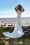 Boho Lace Sheath Sweep Train Sheath Beach Wedding Dresses  WD592