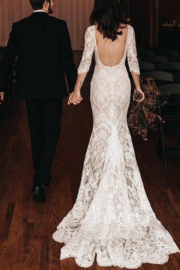 Boho Lace V Neck Mermaid Wedding Dresses With Court train WD581 - Pgmdress