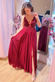 Burgundy Plunging V Neck Beaded Appliques Long Prom Dress with Slit  PSK414