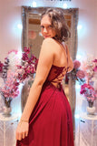 Burgundy Plunging V Neck Beaded Appliques Long Prom Dress with Slit PSK414 - Pgmdress