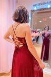 Burgundy Plunging V Neck Beaded Appliques Long Prom Dress with Slit PSK414 - Pgmdress