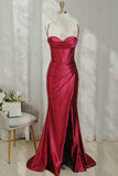 Burgundy Straps Sheath Split Evening Formal Long Prom Dresses PSK321 - Pgmdress
