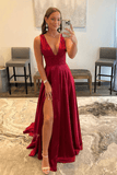 Burgundy V Neck Lace Long Prom Evening Dress with High Slit PSK328