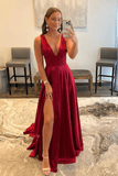 Robe de soirée longue en dentelle bordeaux à col en V avec fente haute PSK328