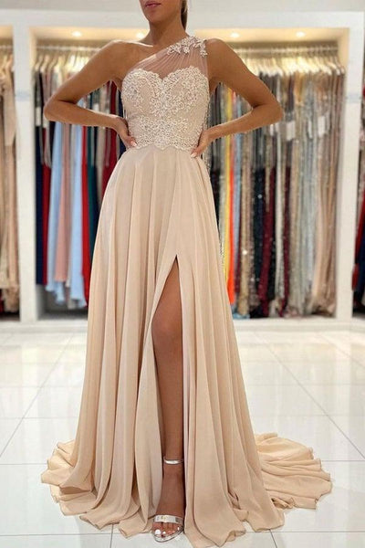 Champagne Off Shoulder Beaded Rhinestone A-line Evening Dress | LizProm