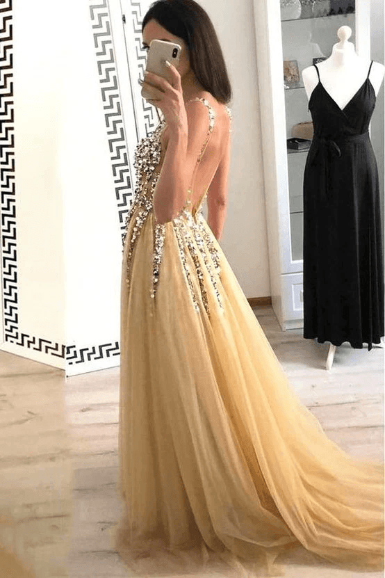 Charming A Line Tulle V Neck Floor Length Prom/Evening Dresses Beads PG907 - Pgmdress