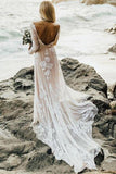 Charming Bateau Lace Long Sleeves Beach Wedding Dress WD436 - Pgmdress