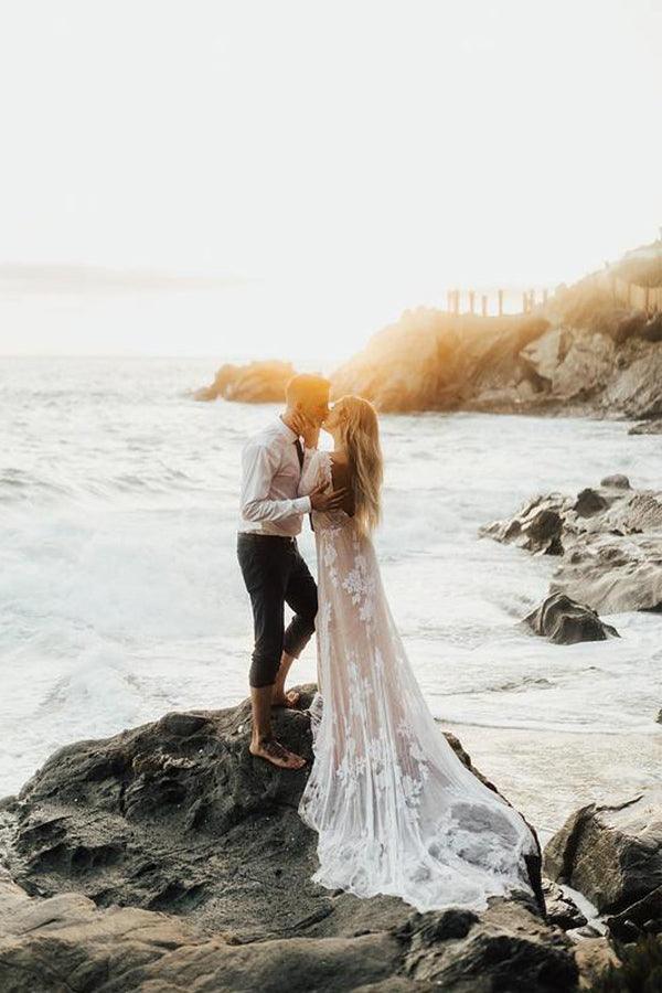 Charming Bateau Lace Long Sleeves Beach Wedding Dress WD436 - Pgmdress