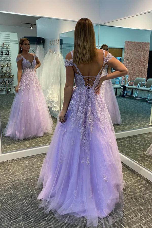 Charming Tulle A-line V Neck Prom Dresses With Lace Appliques PSK352 - Pgmdress